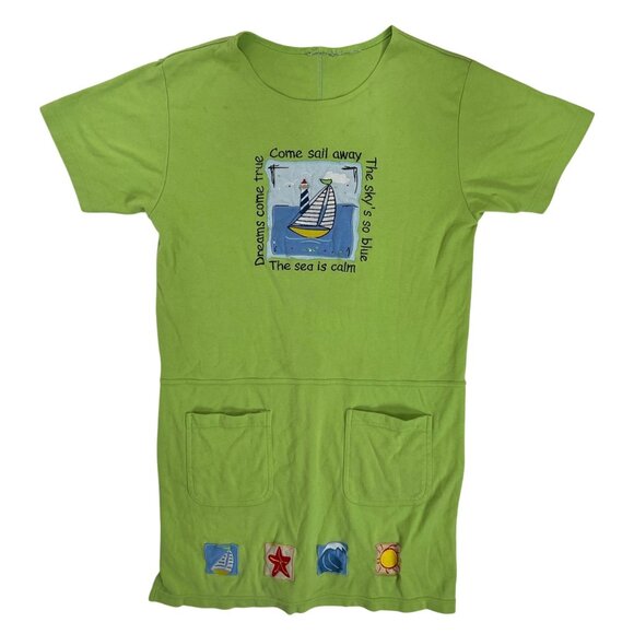 Vintage 90s Lime Green Nautical Graphic Casual Beachy Dress With Pockets /Medium - Picture 6 of 6